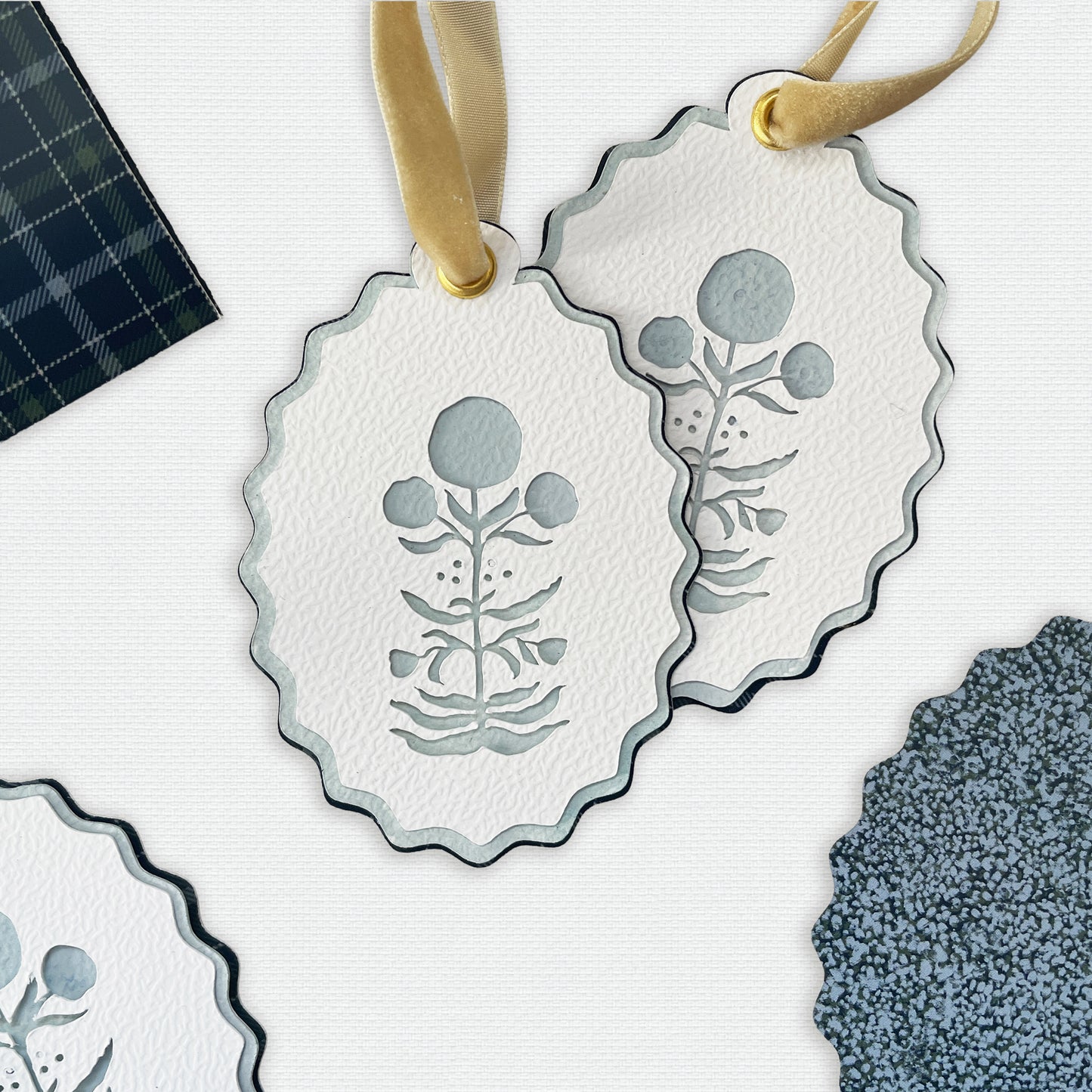 Paper Cut Out Hand Painted in Sky Blue Block Print Ornaments - Set of 4
