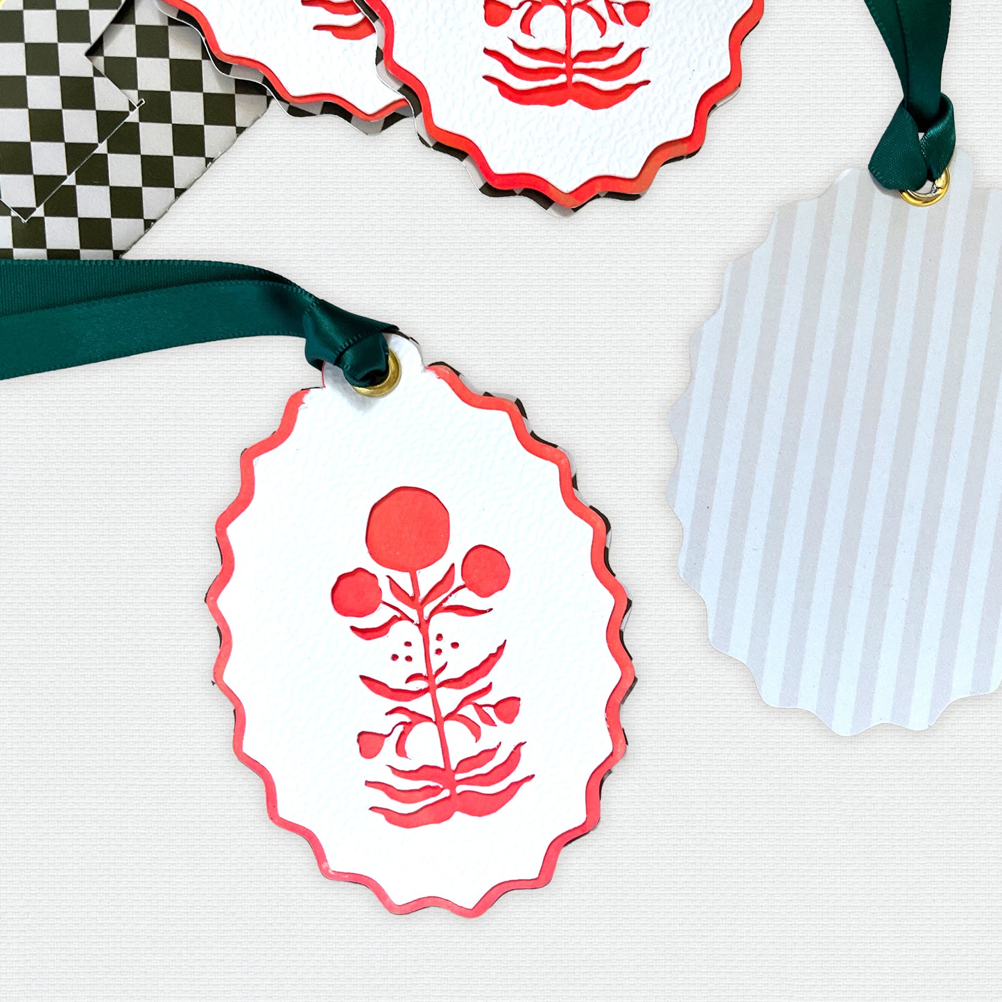 Paper Cut Out Hand Painted in Vibrant Coral Block Print Ornaments - Set of 4