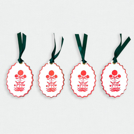 Paper Cut Out Hand Painted in Vibrant Coral Block Print Ornaments - Set of 4