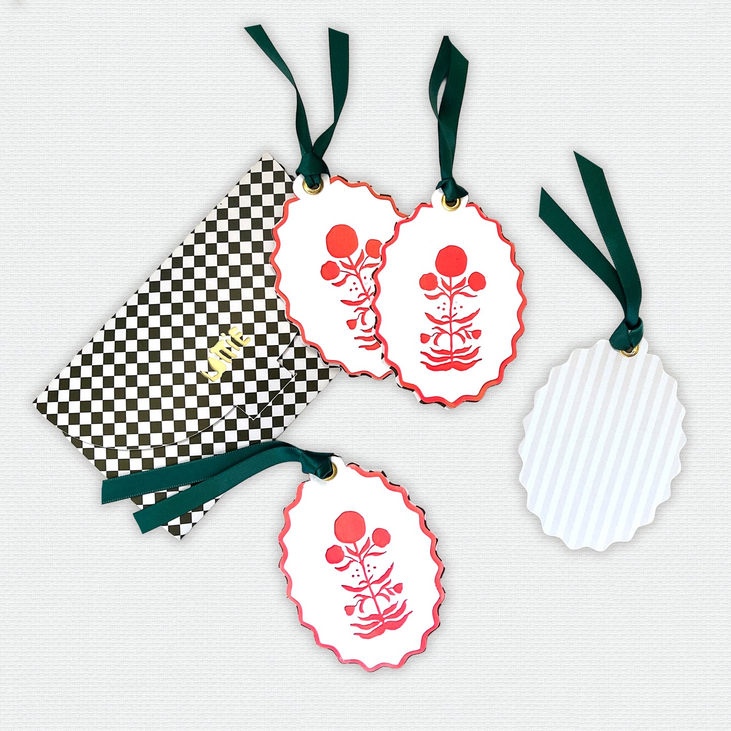 Paper Cut Out Hand Painted in Vibrant Coral Block Print Ornaments - Set of 4