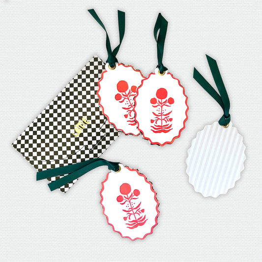 Paper Cut Out Hand Painted in Vibrant Coral Block Print Ornaments - Set of 4