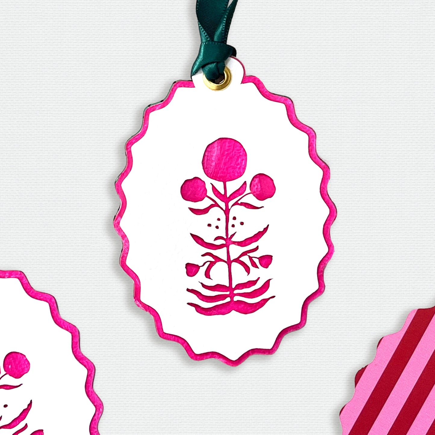 Paper Cut Out Hand Painted in Hot Pink Block Print Ornaments - Set of 4