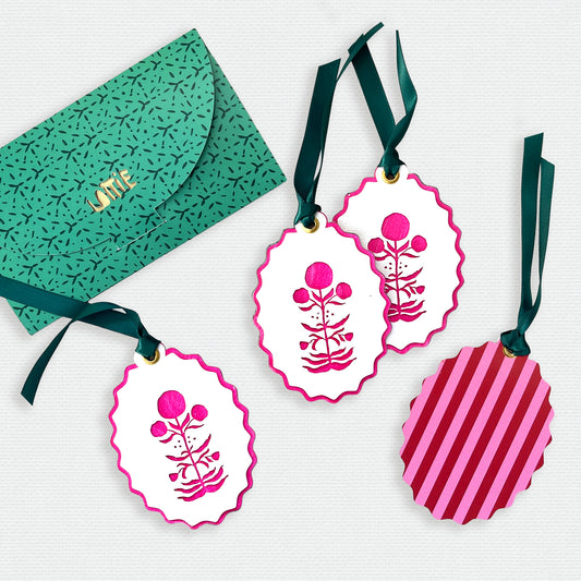 Paper Cut Out Hand Painted in Hot Pink Block Print Ornaments - Set of 4