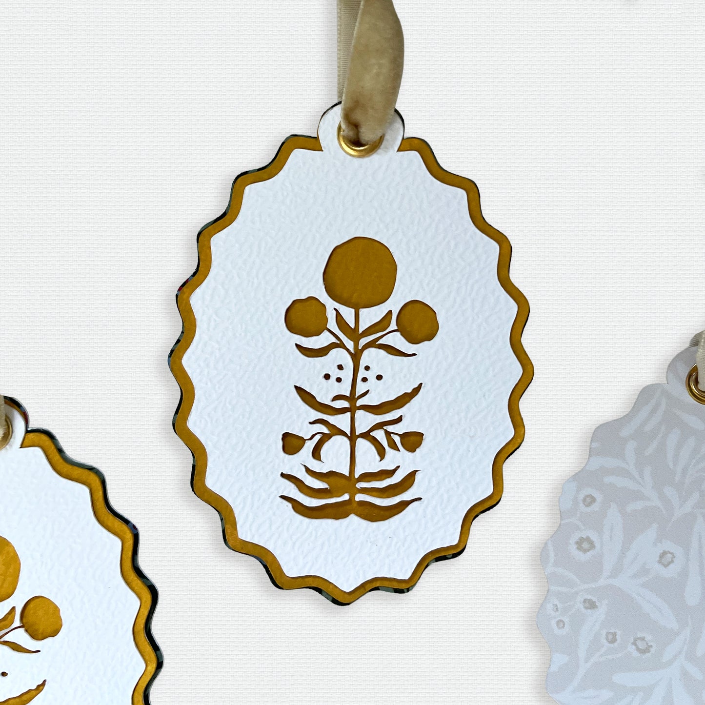 Paper Cut Out Hand Painted Ochre Block Print Ornaments - Set of 4