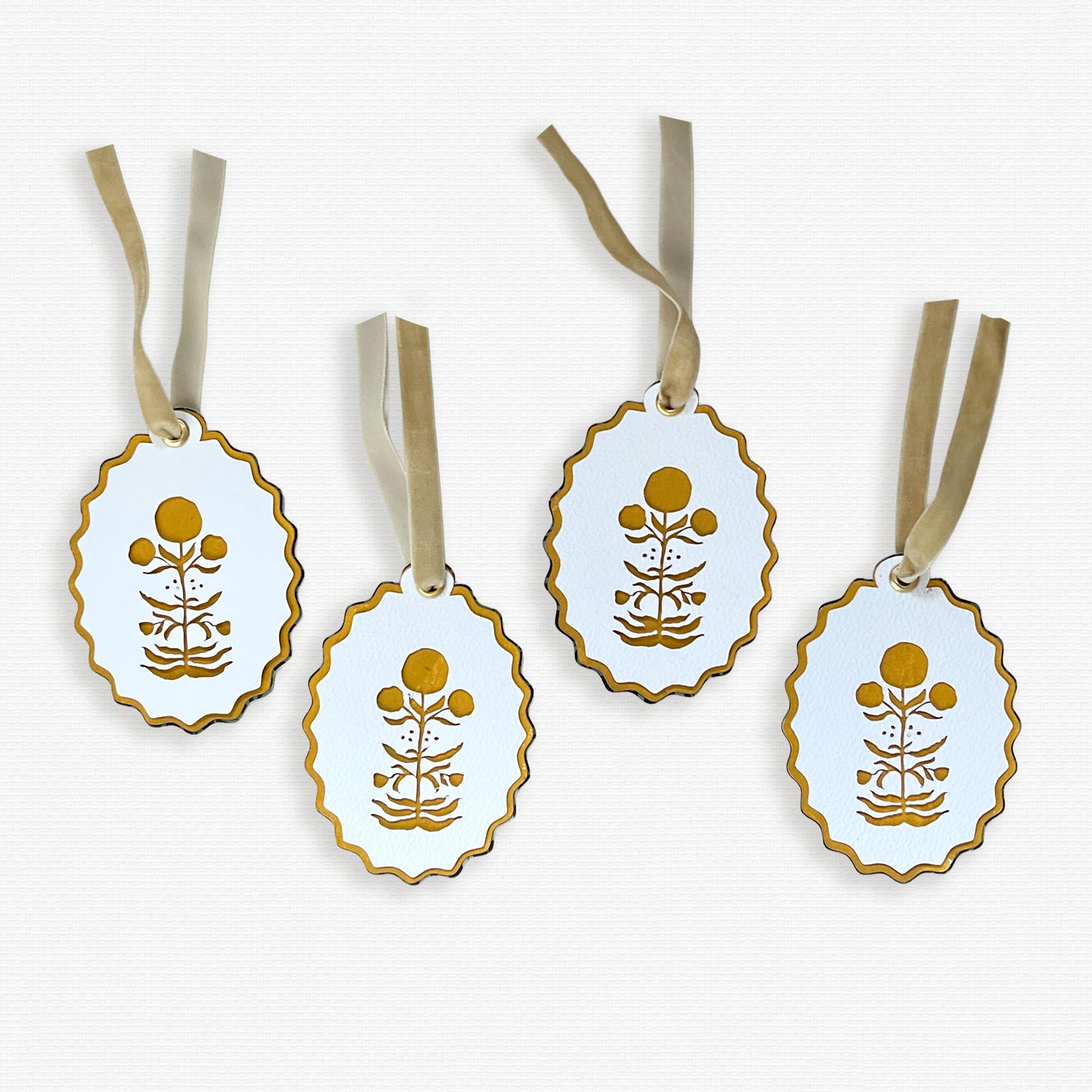 Paper Cut Out Hand Painted Ochre Block Print Ornaments - Set of 4