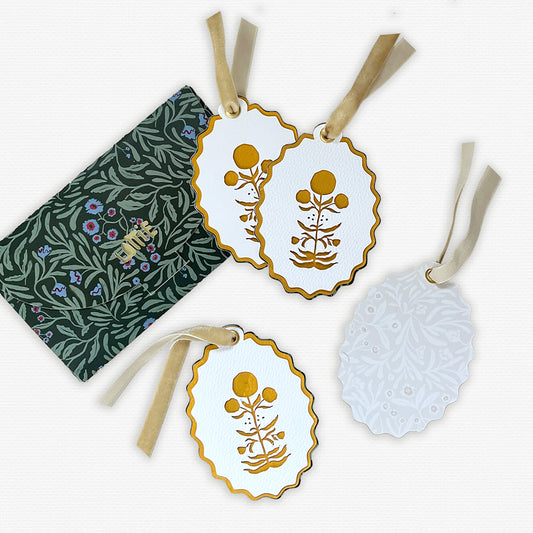 Paper Cut Out Hand Painted Ochre Block Print Ornaments - Set of 4