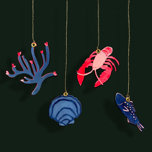 Paper Cut Out, Hand Painted Coastal Ornaments - Set of 4