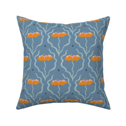 Saltwater Blooms in Scandinavian Blue and Orange - Linen Cotton Canvas