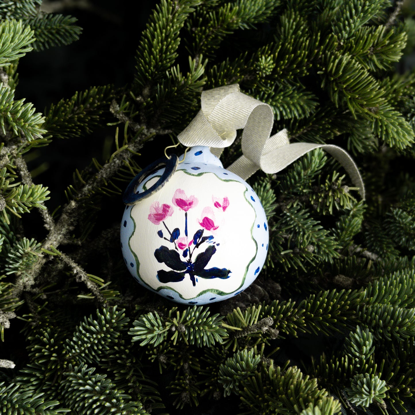 Magenta and Blue Dots Floral Customized Ornament