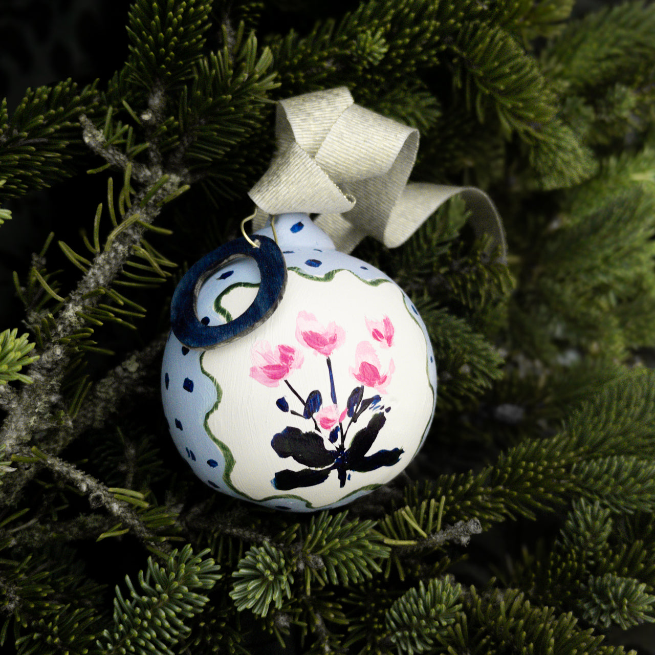 Magenta and Blue Dots Floral Customized Ornament