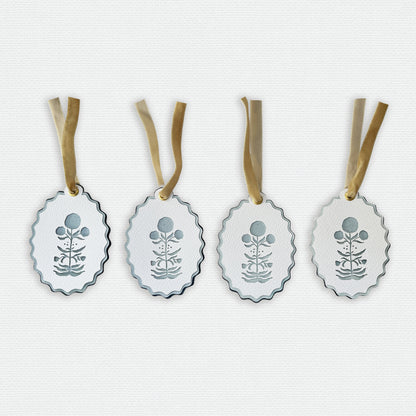 Paper Cut Out Hand Painted in Sky Blue Block Print Ornaments - Set of 4