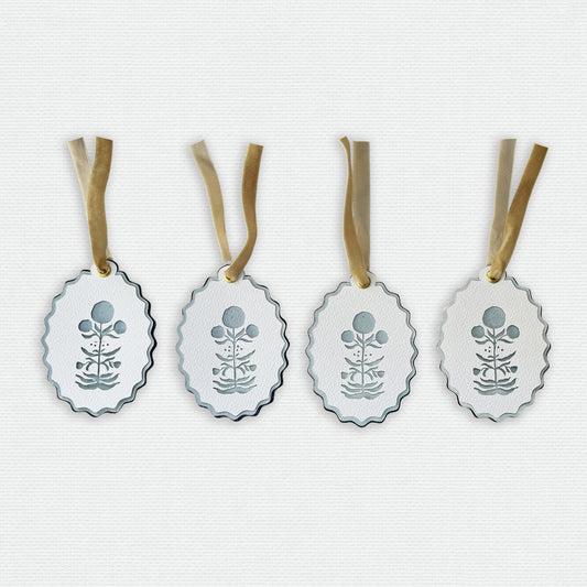 Paper Cut Out Hand Painted in Sky Blue Block Print Ornaments - Set of 4