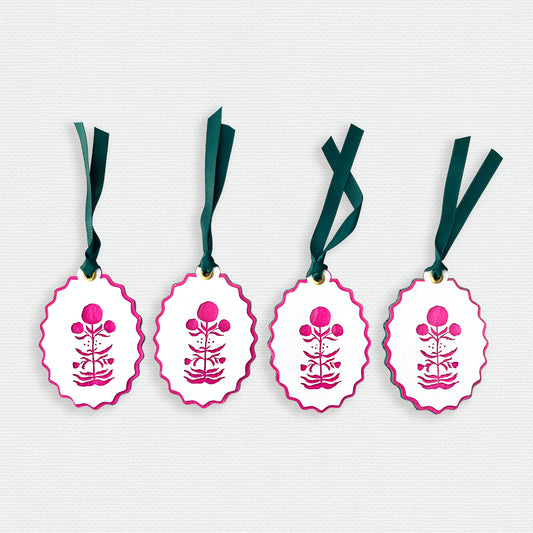 Paper Cut Out Hand Painted in Hot Pink Block Print Ornaments - Set of 4