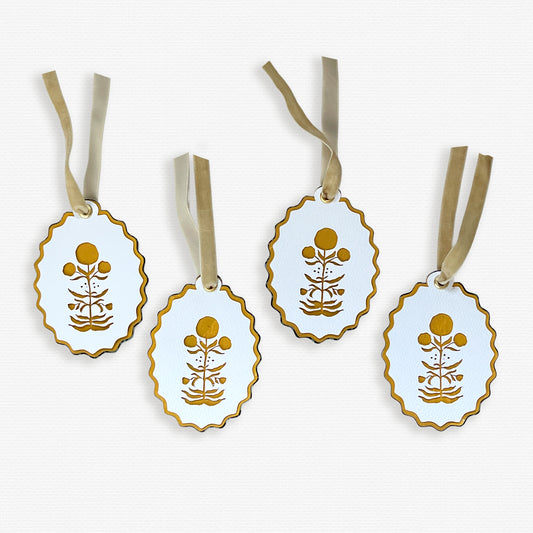 Paper Cut Out Hand Painted Ochre Block Print Ornaments - Set of 4