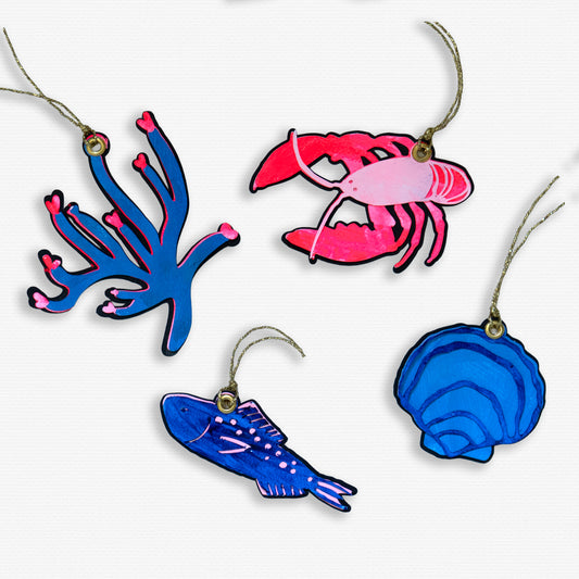 Paper Cut Out, Hand Painted Coastal Ornaments - Set of 4